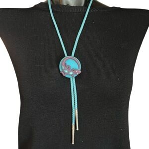 Aqua Braided Bolo Lariat with Purple Salamander and Rhinestone Accents in Silver
